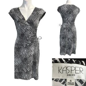 Kasper dress sz‎ 4 black white Monochrome Geometric faux wrap office church